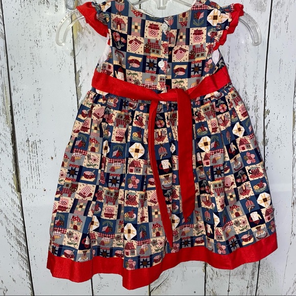 Vintage Girls Dress 24 Mo Red Multicolor Quilt Pattern Country Primitive Design - Picture 5 of 5